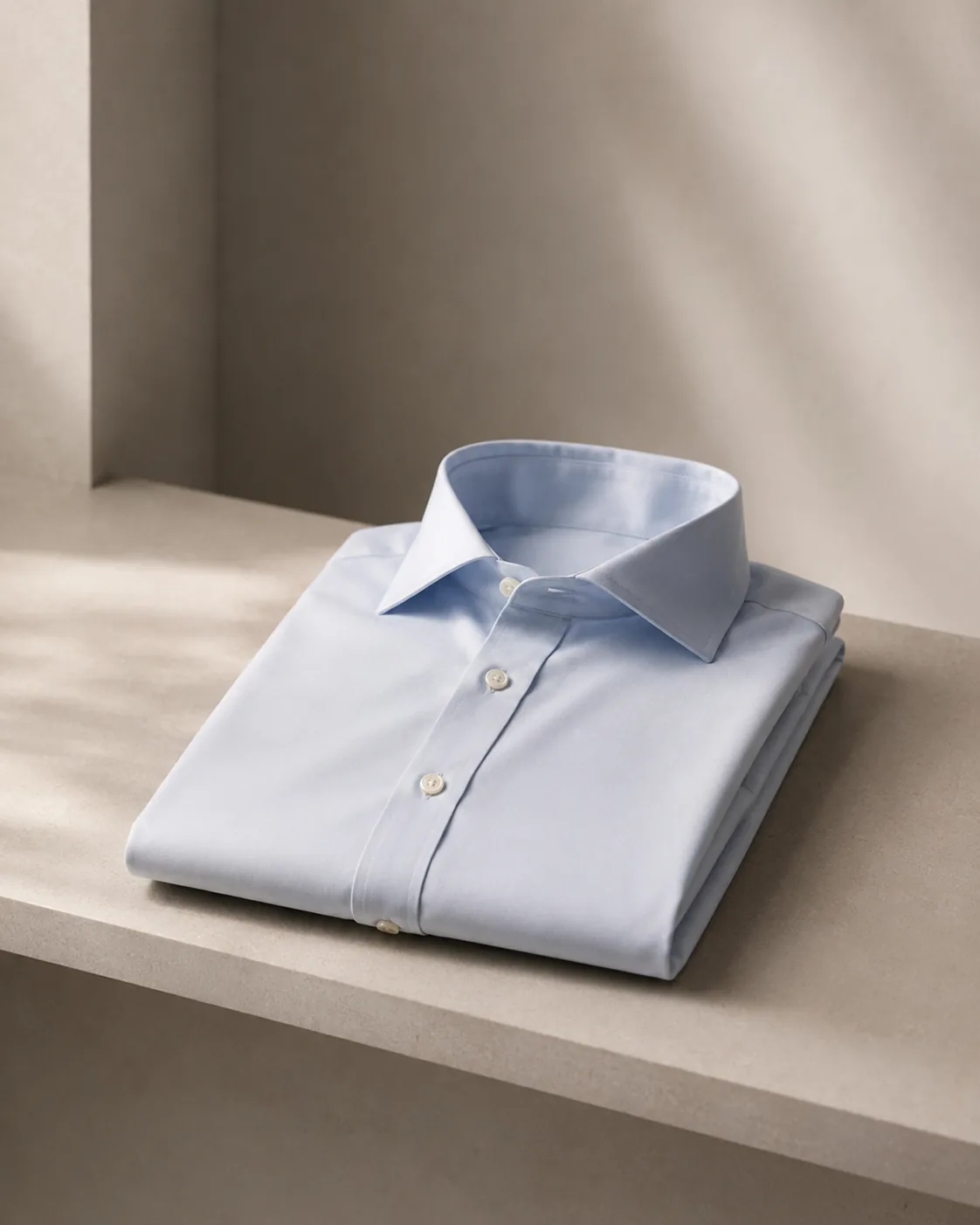 Folded pale blue shirt on a stone ledge