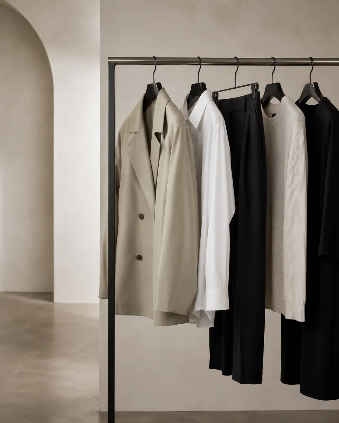 Neutral tailored wardrobe pieces on a clothing rack